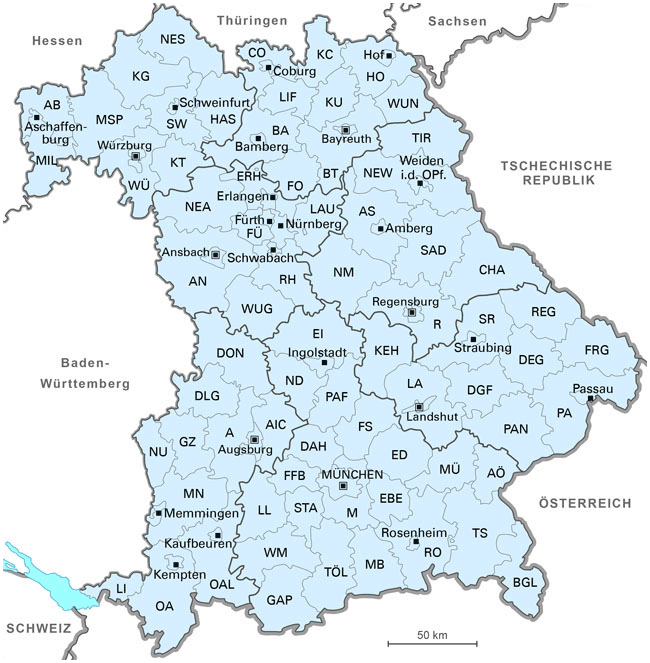 Karte von Bayern mit den Landkreisgrenzen